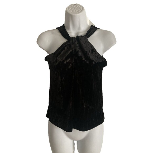 Express Velvet High Neck Tank Sz XS Black Metallic Stripe Keyhole Stretch NWOT - Picture 9 of 11